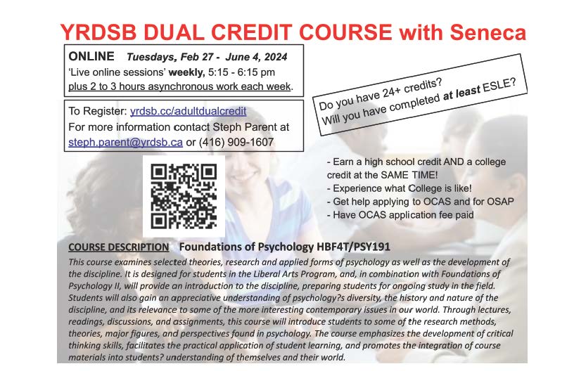 Flyer for Dual Credit Course including description and contact information