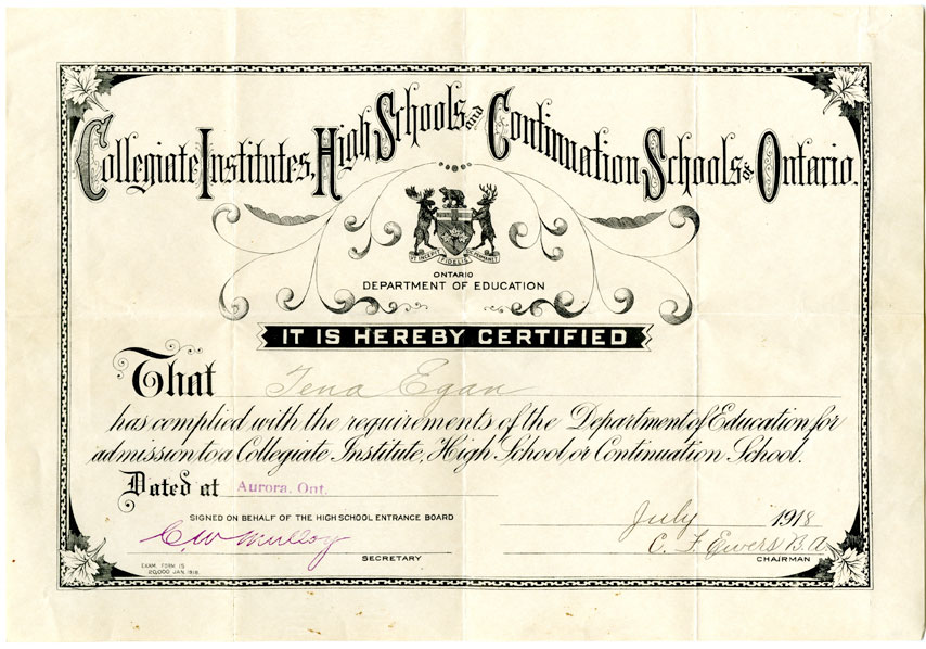 Collegiate Institutes, High Schools and Continuation Schools of Ontario certificate 1918