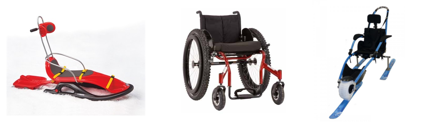 image of an adaptive snow sled, an all-terrain wheelchair and a hippocampe