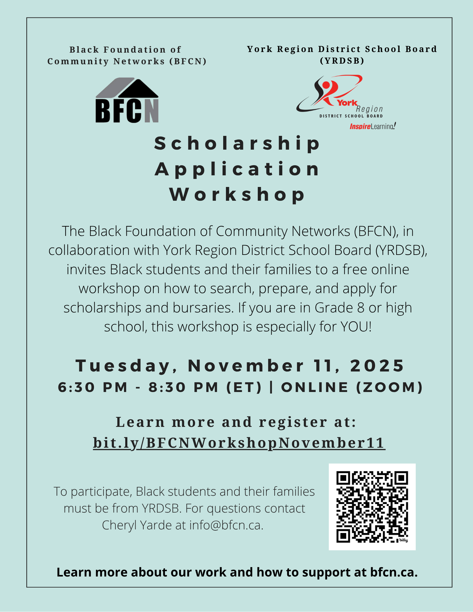 decorative flyer with registration link for the Scholarship Application Workshop 