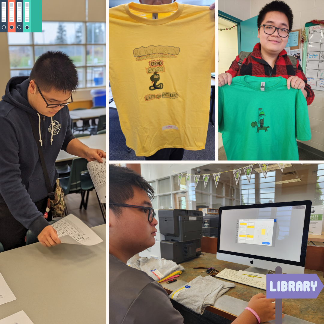 Four images in a collage. First image is Fergus setting up in the cafeteria for a school activity. Second is a yellow tshirt Fergus made for his graduating classmates that has a picture of a rattle snake drawn by Fergus. Third image is a green tshirt with an image drawn by Fergus. Last image is Fergus working on a computer designing a tshirt before printing. 