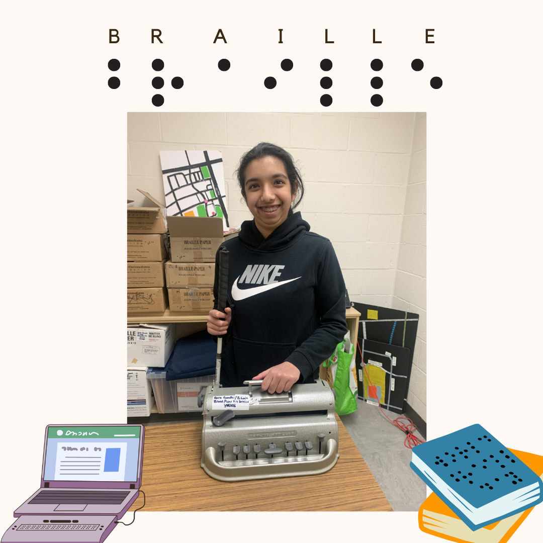 The word braille appears at the top with letters and the word written in braille. Below is an image of Zara standing in front of her perkins brailler. 