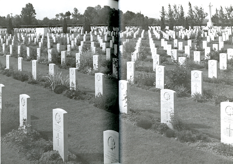Black and white photo of graves at Beny-Sur-Mer Canadian War Cemetery