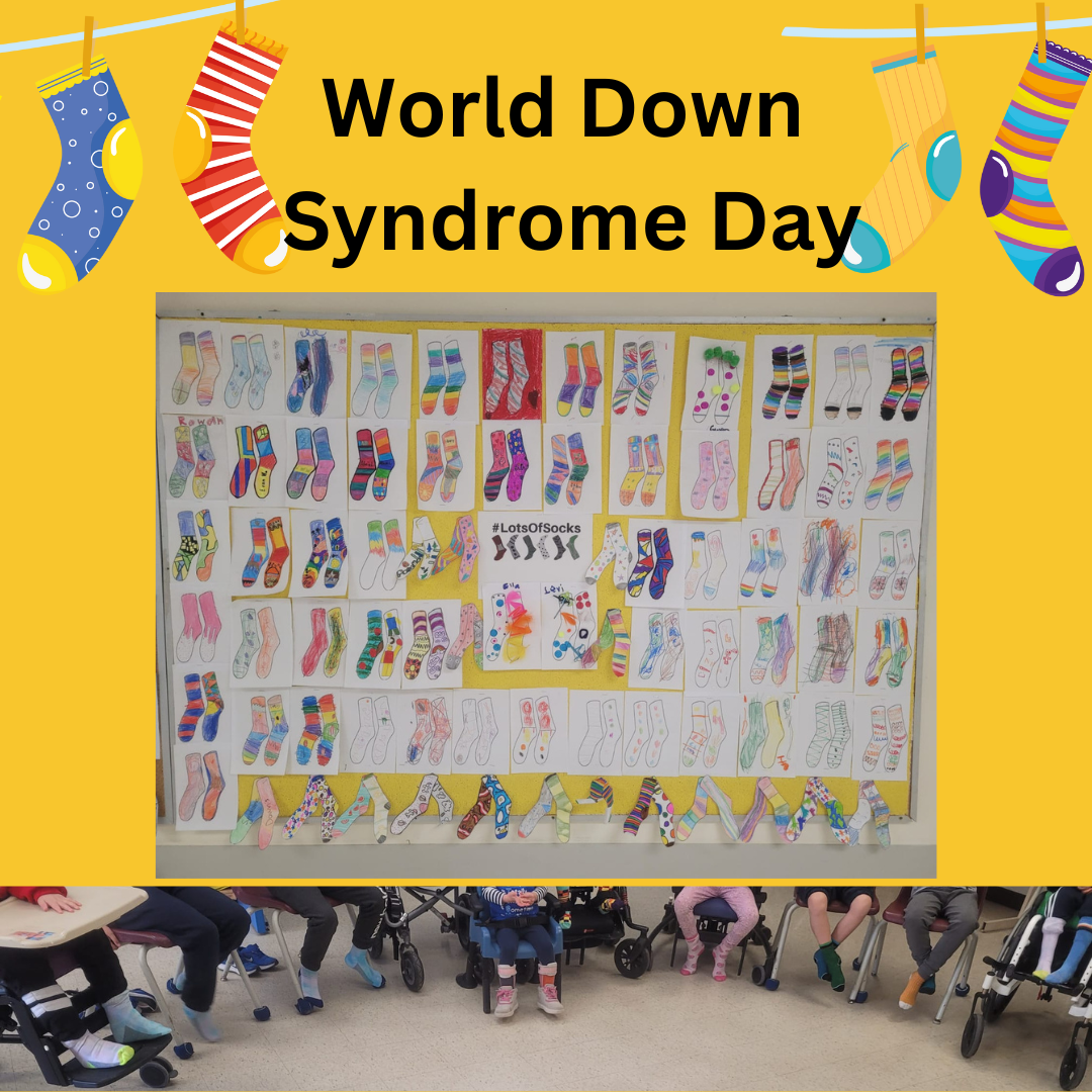 World Down Syndrome Day. Bulletin Board with colour mismatched socks done by students. A second picture of students' feet showing their mismatched socks. 