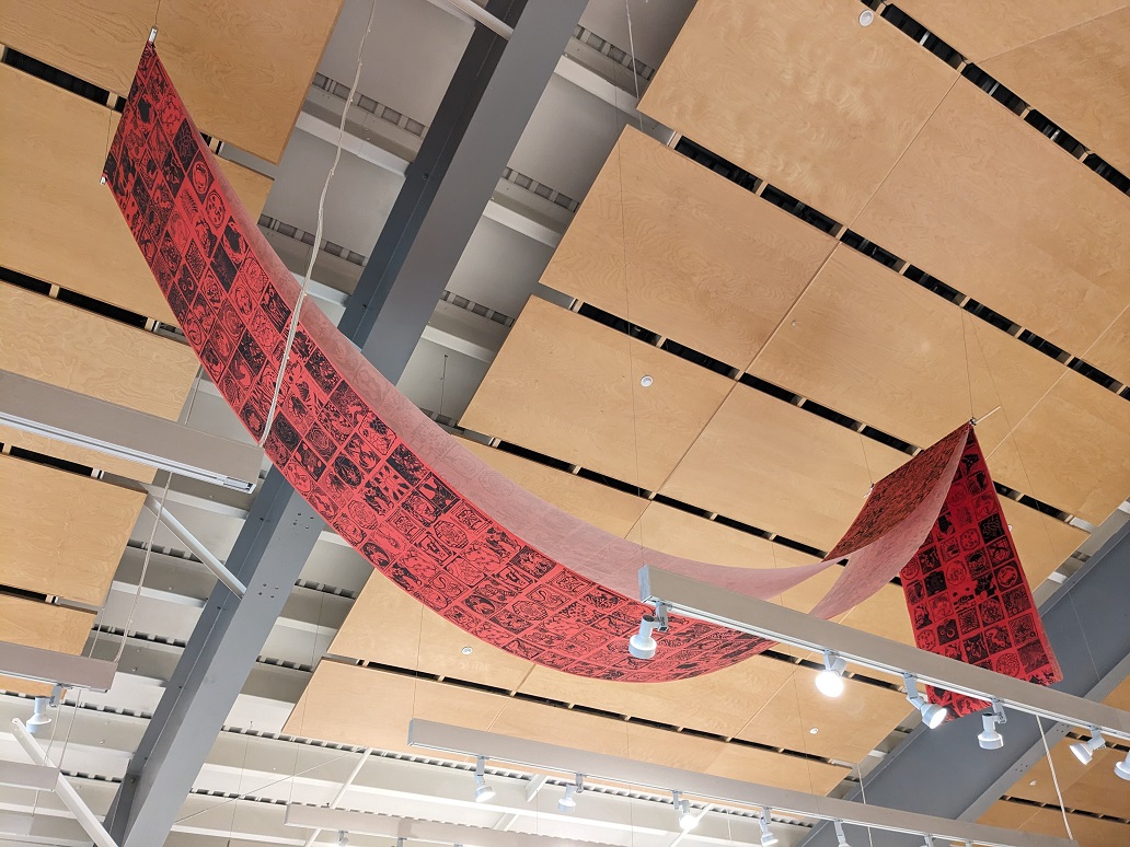 red banner handing from ceiling