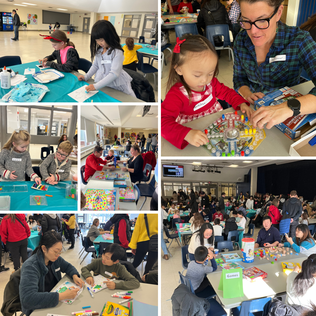 Six images of students and families participating in activities and games