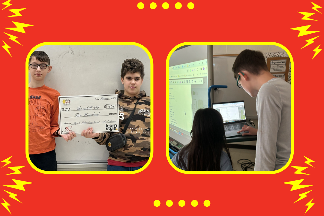 Liam and Danila holding their schools Ignite Grant Cheque. Another photo of Danila beside a smartboard showing another student Google Read and Write.