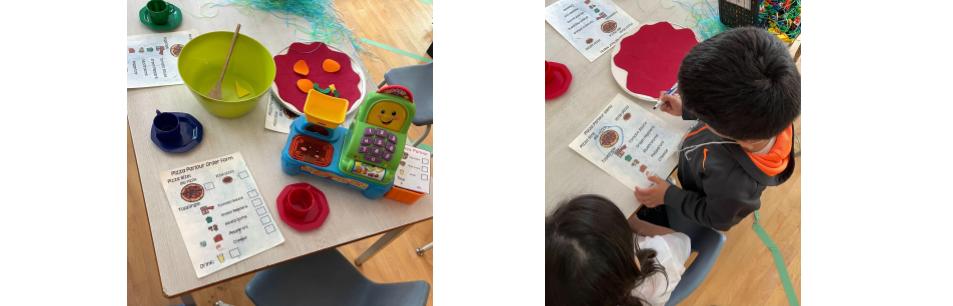 Image 1: Photo of a pizza parlour sociodramatic play center, including a cash register, menu, and toy pizzas. Image 2: Photo of a child selecting his menu choices with his marker, on a pizza menu.