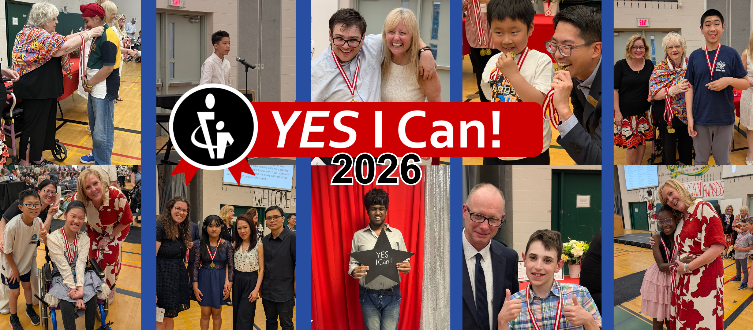 Ten photos of student award recipients with presenters, school board staff and families.