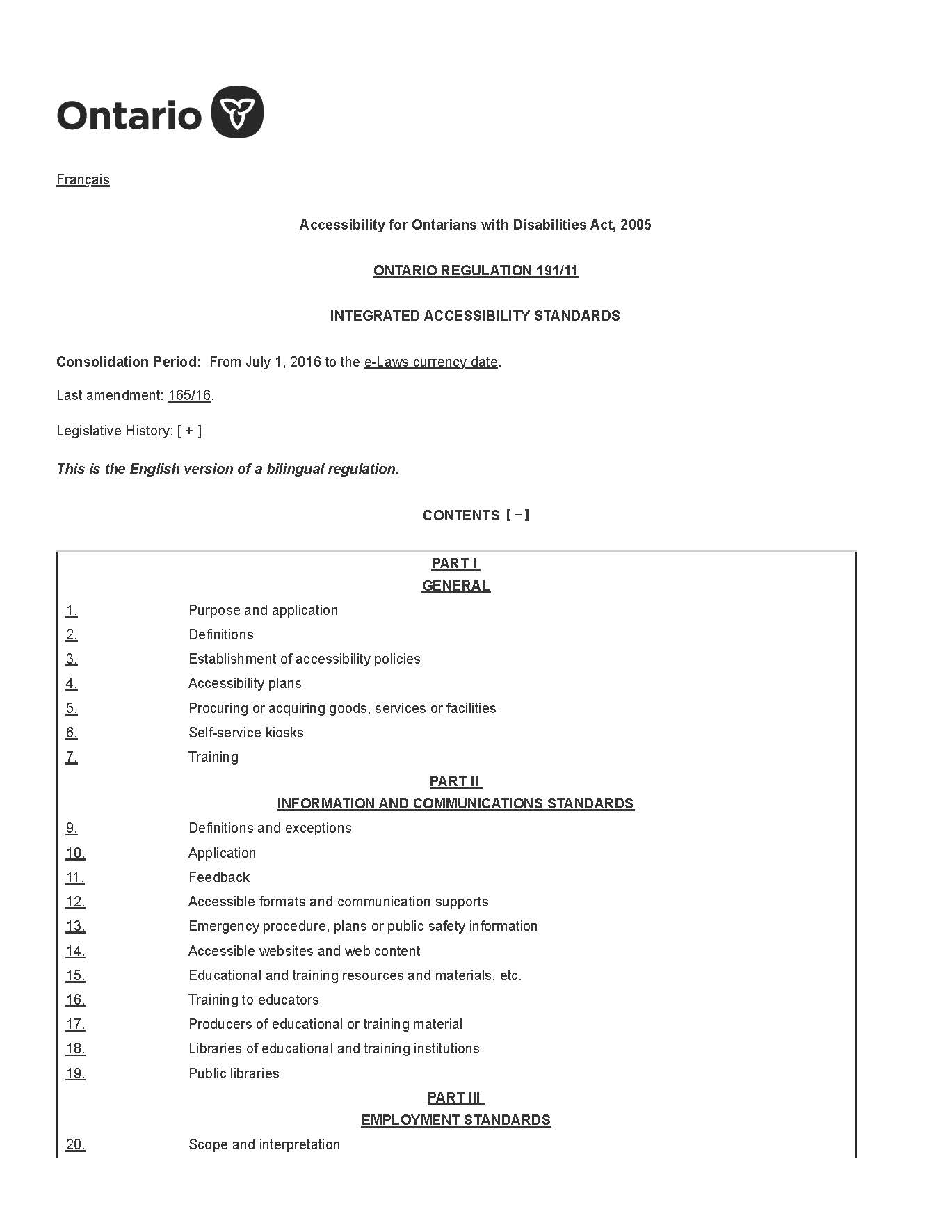 Ontario Regulation 191/11: Integrated Accessibility Standards