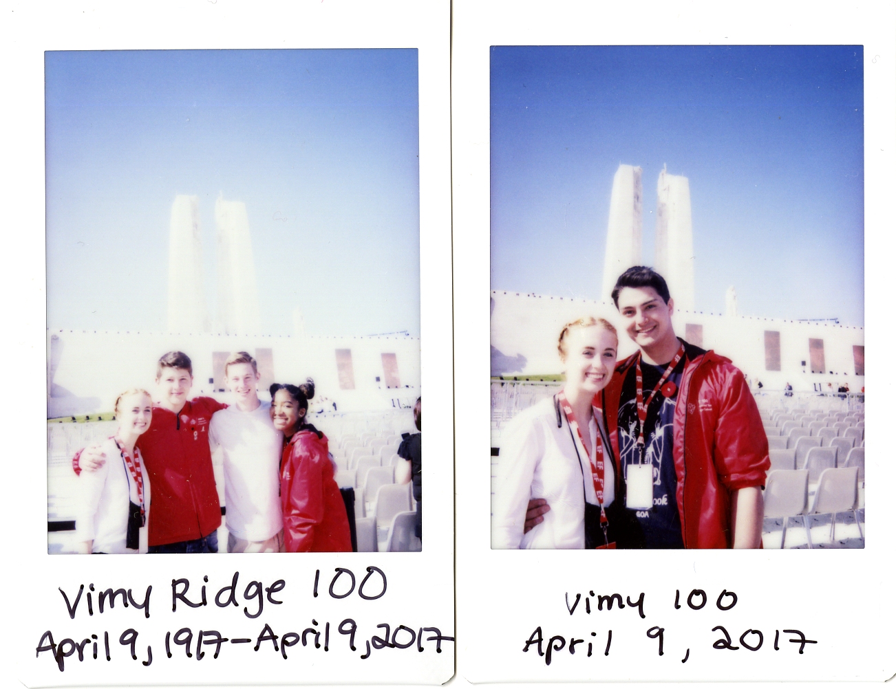 Two snapshot photos of students at the Vimy Ridge Memorial in 2017