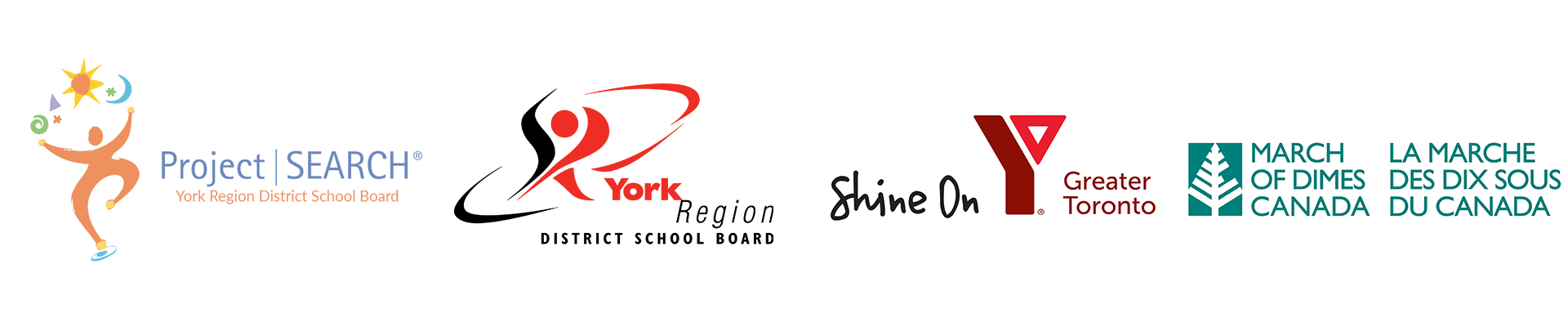 Four Logos - Project SEARCH YRDSB, YRDSB logo, YMCA logo, and March of Dimes Logo.