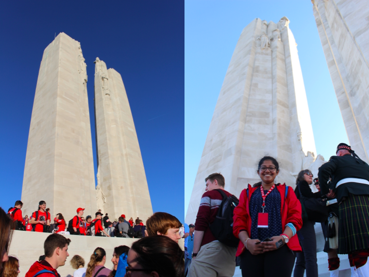 Two photos of students at the Vimy Ridge Memorial