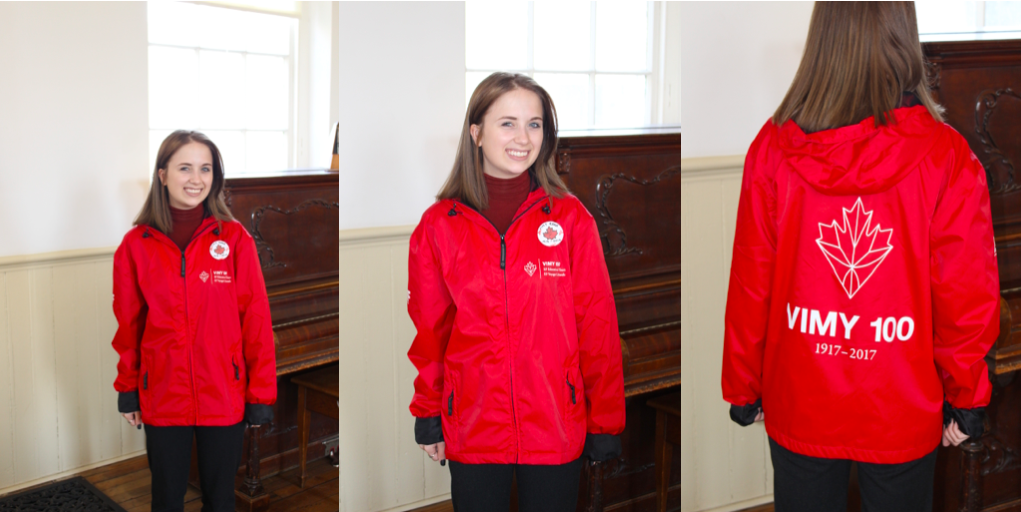 Three pictures of Elizabeth in her red jacket