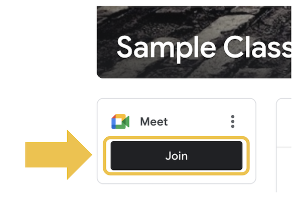 yellow arrow pointing to the "join" button on the Google Classroom Stream