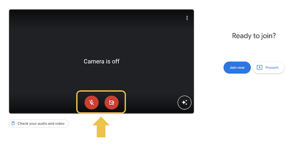 yellow arrow pointing to the microphone and camera buttons