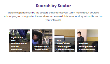 Screenshot of Experience YRDSB homepage with links to career sector pages.