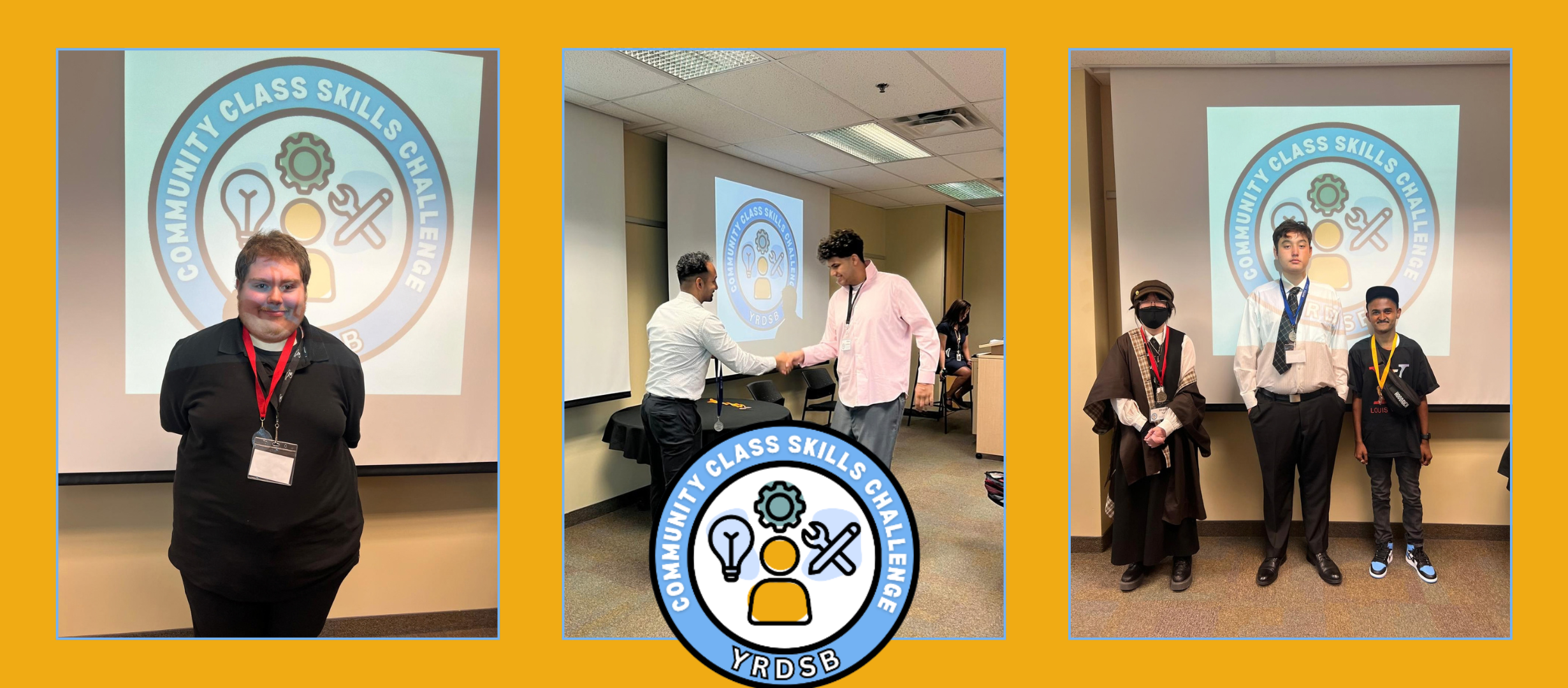 Three photos of students with their medals at the event with the community class skills challenge logo in the middle at the bottom.