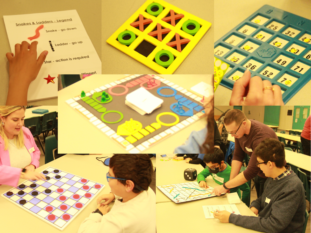 A collection of images of games and individuals playing these accessible games of snakes and ladders, bingo, tic tac toe, checkers and sorry.