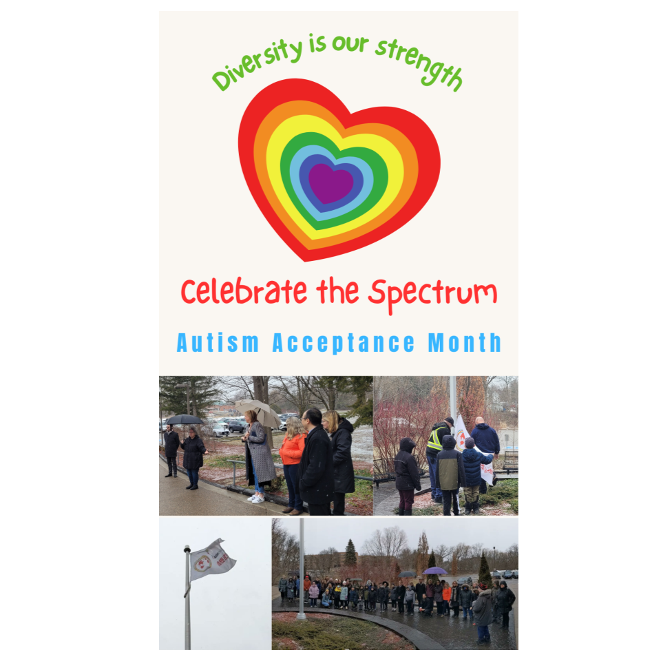The text Diversity is our strength is at the top of the graphic. Below is a rainbow heart and the words- Celebrate the Spectrum and Autism Acceptance Month. There are four images of the YRDSB flag raising event at the bottom.