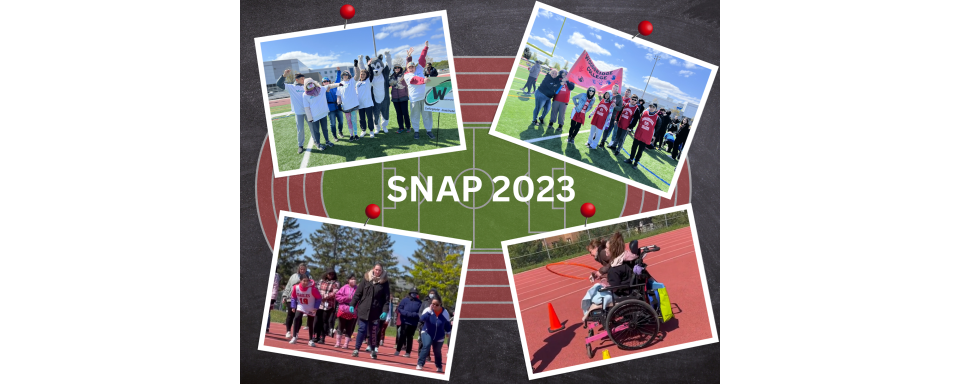 Four images with the text SNAP 2023 in the middle. Top left: Student from Westmount Collegiate Institute posing for a team photo. Top right: Students from Woodbridge College posing together holding school banner. Bottom left: Students lined up to run the 100m. Bottom right: Student in wheelchair completing obstacle course by throwing hula hoop on pylon. 