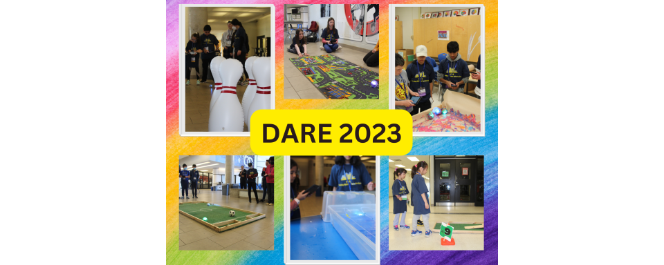 Six images with the text DARE 2023 in the middle. Top left: Student playing bowling. Top middle: Two students completing programming challenge. Top right: Students completing painting activity. Bottom left: Students playing Sphero soccer. Bottom middle: Students driving Sphero robot in water for Sphero swimming. Bottom right: Two students looking at Sphero mini-golf hole.