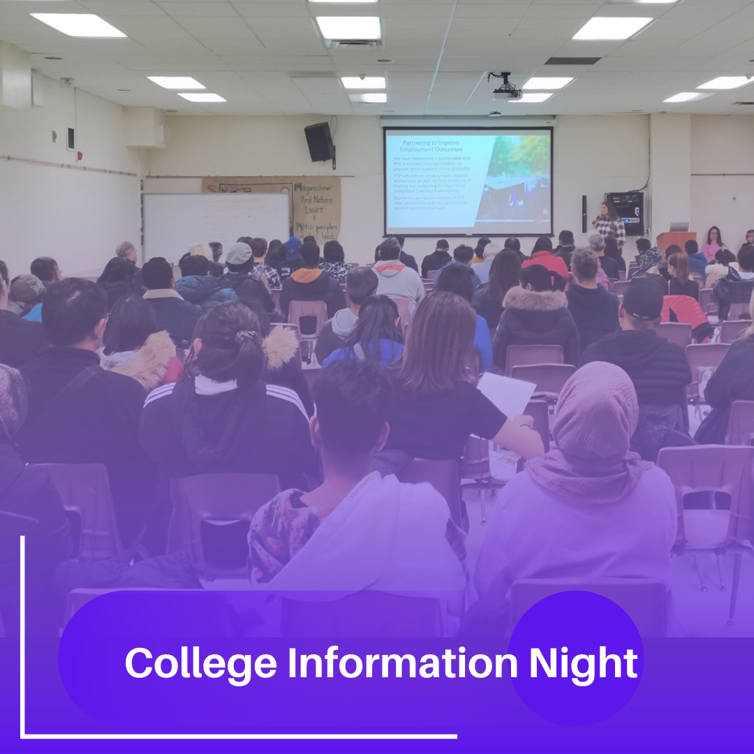 Students and families seated in the audience listening to the college information night presenters.