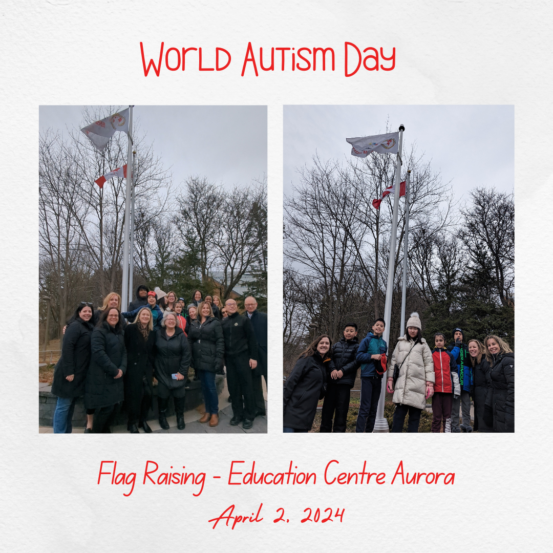 World Autism Day. Two group photos in front of the flag pole with the World Autism Day Flag. 