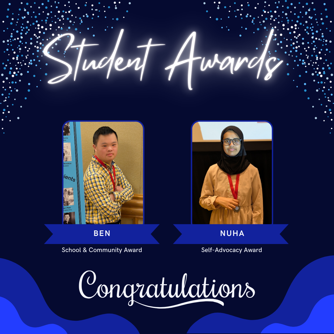 Two images of the student award recipients, Nuha and Ben, wearing their medals. The words congratulations appear at the bottom of the graphic.