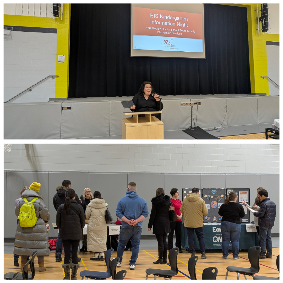 Two photos. One of a presenter speaking at a podium in the gynasium to an attendants and the other is families connecting with different Board representative at information booths in the gymnasium.