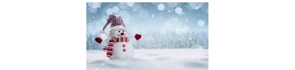 Winter scene with snow man in the foreground with red mitts, two red buttons, a striped candy cane like scarf, and a red and white checkered beanie with a white pom pom at the end, and snow covered ground and snow covered evergreens in the back.