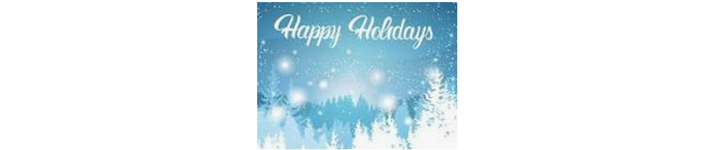 Blue background with white wording on top that reads Happy Holidays with white snow flakes falling and snow covered evergreens among light blue and medium blue evergreens.