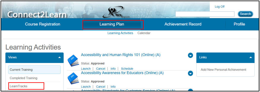 Image of the Learning Activities screen with LearnTracks menu item highlighted.