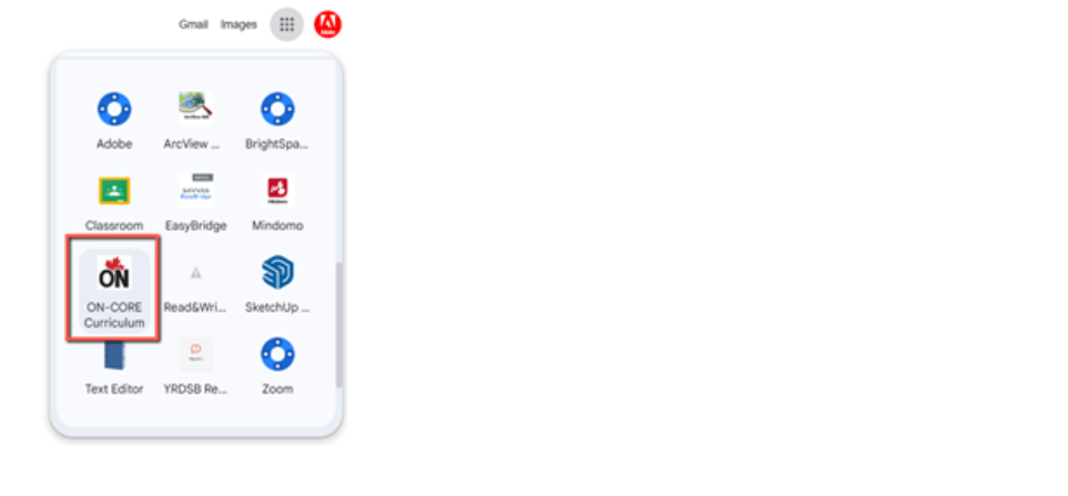 Screenshot of ON-CORE in Google apps menu