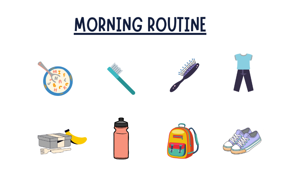 Image titled morning routine shows 8 images that include: bowl of cereal, toothbrush, hairbrush, clothes, lunchbox, water bottle, backpack and shoes