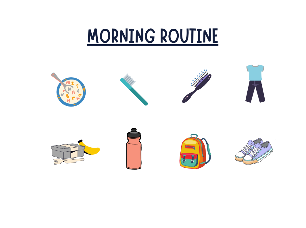 a series of images featuring morning activities including a bowl of cereal, a toothbrush, a hair brush, clothes, lunchbox, water bottle, backpack and pair of shoes