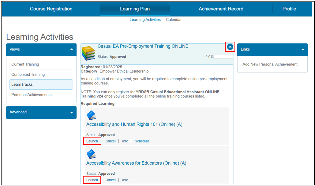 Image of LearnTrack expansion arrow hihglighted and the option to launch courses.