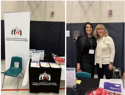 Two photos with the first one showing the PEAC display table with a white PEAC banner and a black PEAC tablecloth and the second photo is of PEAC co-chair Venna Kardan and YRDSB Trustee Carolyn Butterworth standing side by side at their shared display table in the gym.