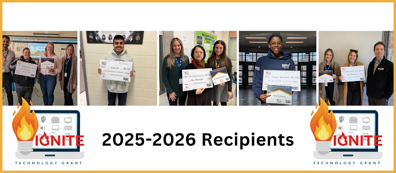 2025-2026 Recipients. Photos of the five recipients holding their cheque and award certificate.