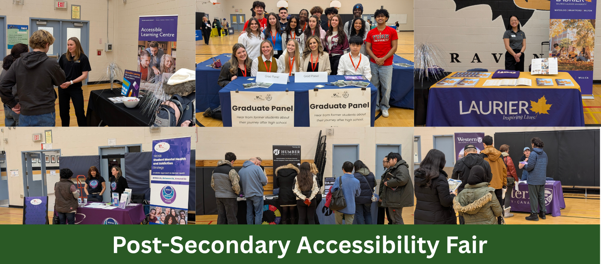 Post-Secondary Accessibility Fair. Photos of students and families visiting the different booths at the fair.