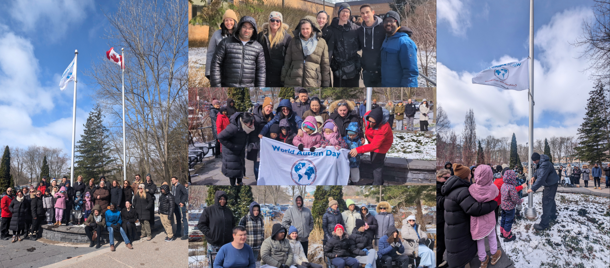 Five different group photos of people that attended the Autism Flag Raising at YRDSB Educational Centre Aurora