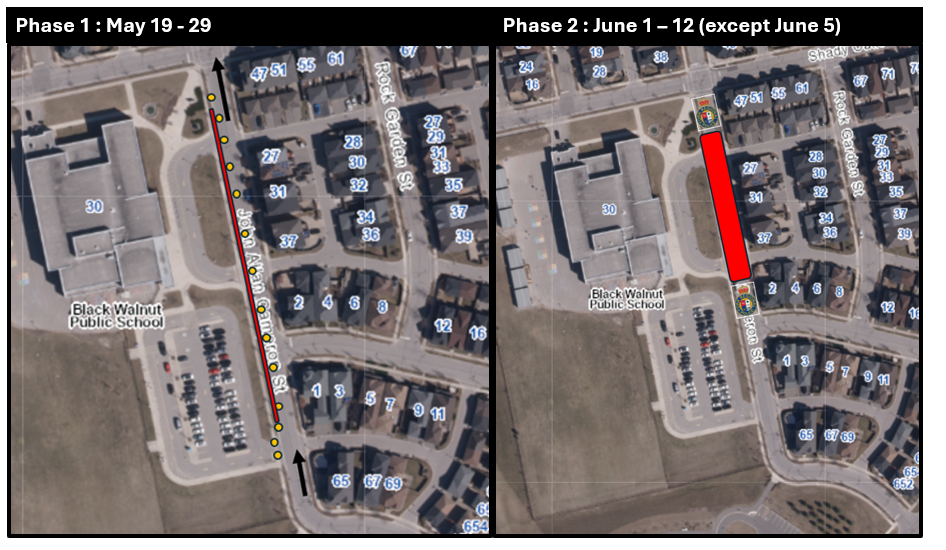 two images show overhead view of the streets beside the school. A red line indicates the street that will be closed during each phase.