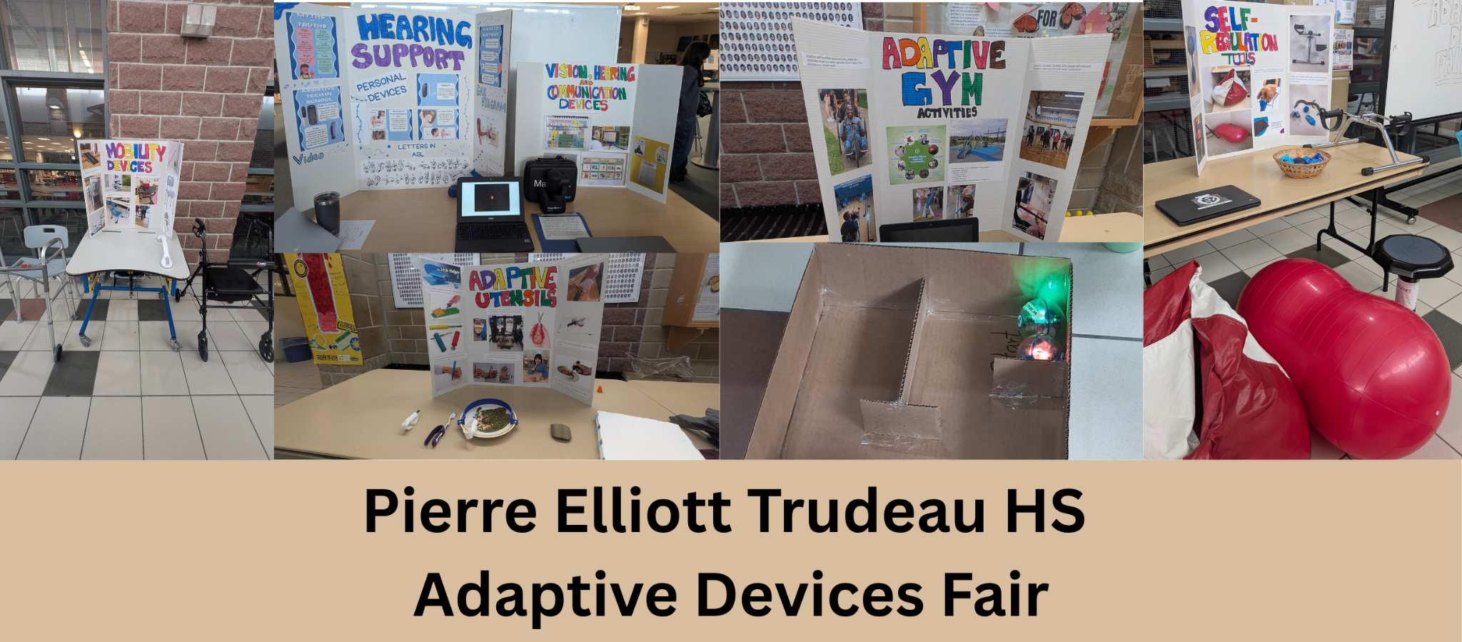 Six photos of the different stations at the Pierre Elliot Trudeau High School Adaptive Devices Fair.