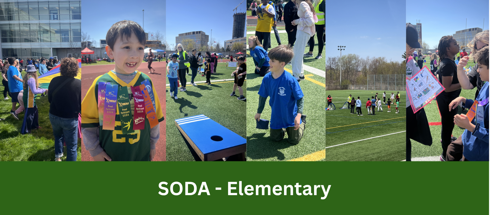 Fives photos from SODA-Elementary. Students participating in parachute, a student with his ribbons clipped on his shirt, a student playing corn hole, a student throwing a bean bag for precision toss, students participating together in soccer and a teacher holding a visual board to communicate with a student.