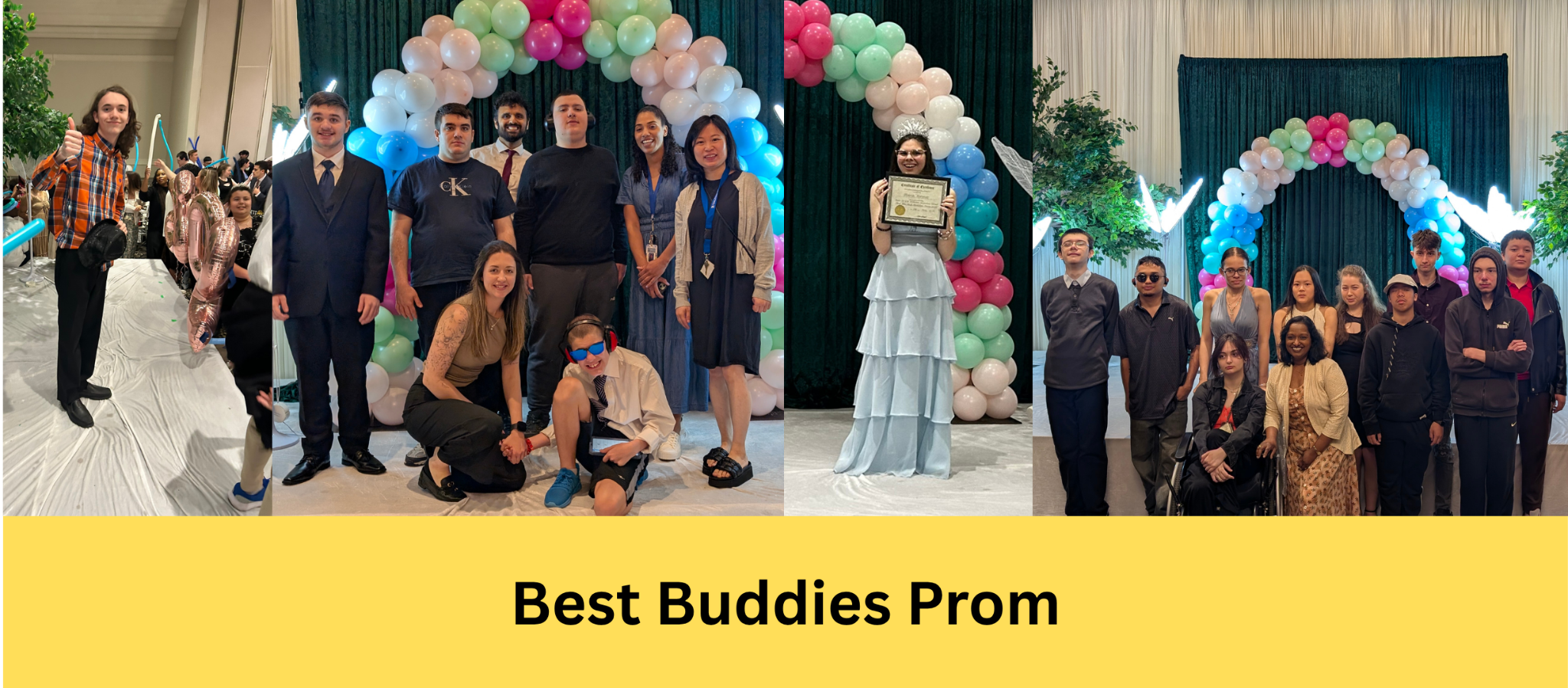 Four photos from Best Buddies Prom. A student smiling giving a thumbs up. Two group photos of staff and students. A student holding her certificate.