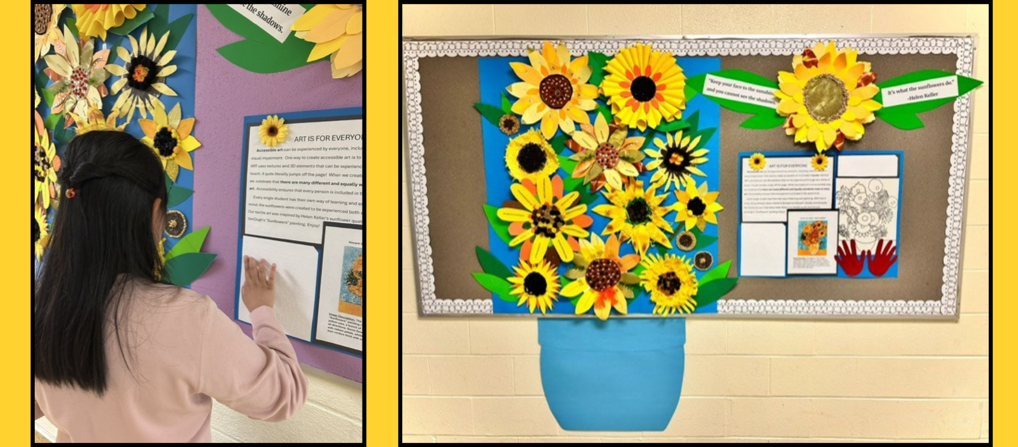 Two photos. One of a student reading braille on the bulletin board and the other of the whole bulletin board including the sunflower art.