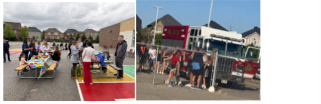Staff, parents and students standing and sitting at picnic tables interacting with each other on school grounds. And Students standing beside and exploring a fire truck on school grounds.