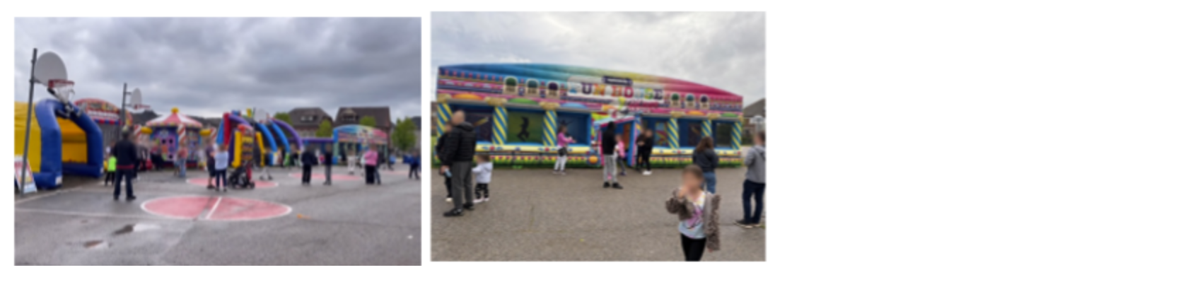 Staff, parents and students interacting and participating at the various inflatables set up and amusement activities on school grounds. And Staff, parents and students standing in front of and engaging in an inflatable fun house activity.