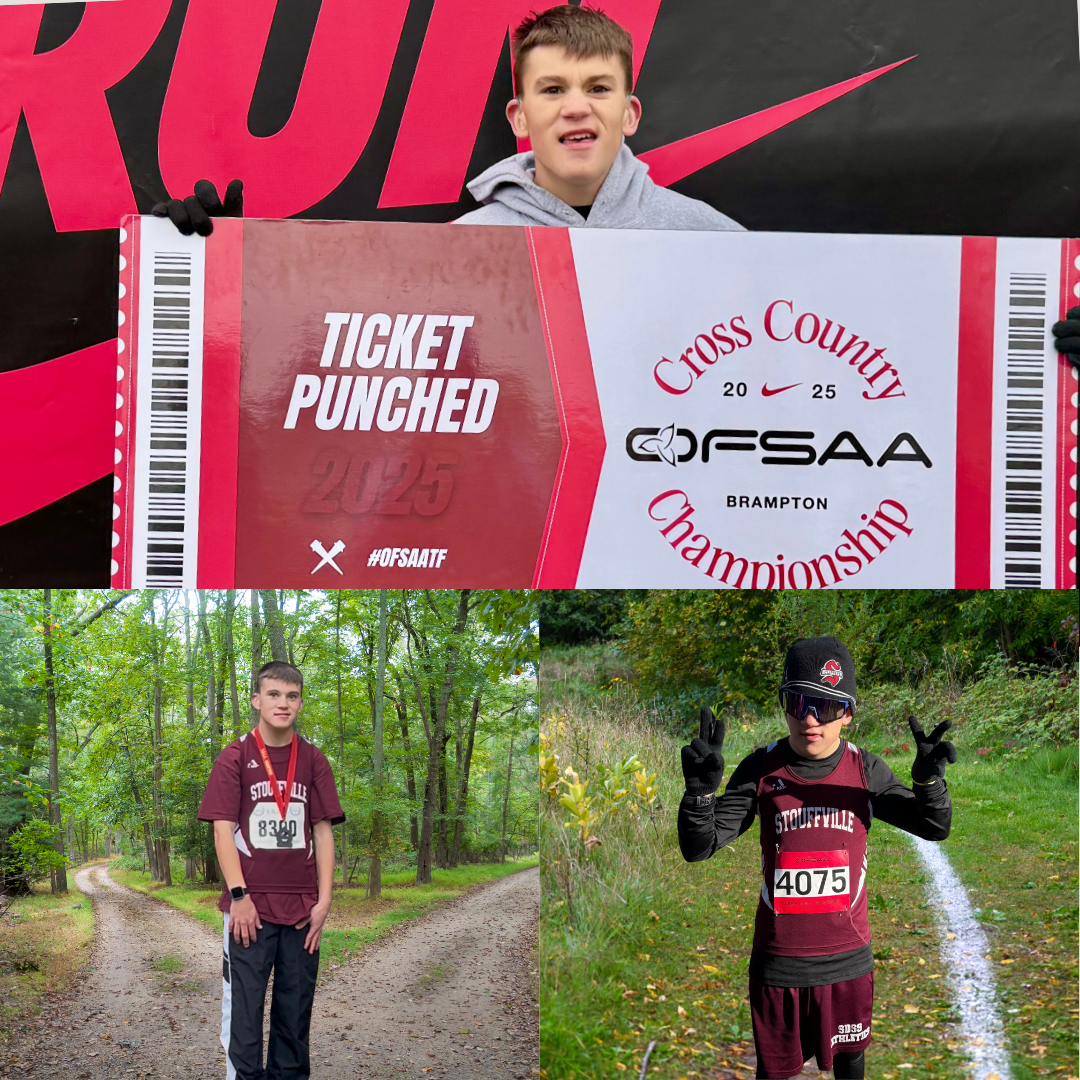 Three photos of Grayson. One with his winning medal, another posing at OFSAA , making the peace sign and another photo holding a sign with the text Ticket Punched 2025, OFSAA Cross Country Championship.