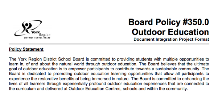 York Region District School Board’s 1993 policy on Outdoor Education